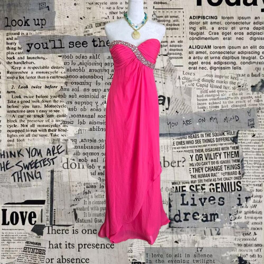 Y2k hot pink adrianna papell chiffon dress with asymmetrical with rhinestones